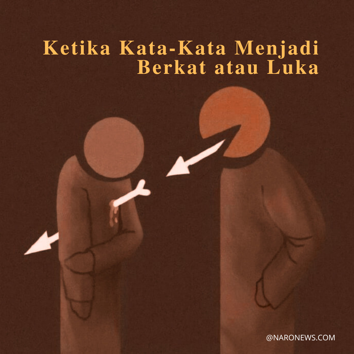 Ilustrasi menunjukkan seseorang melemparkan anak panah dari mulutnya yang membuat hati orang lain terluka, menggambarkan kekuatan kata-kata yang bisa menyakitkan atau juga bisa menyembuhkan.
