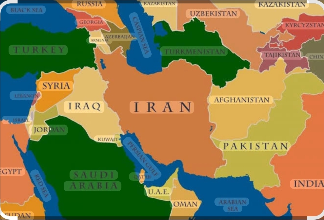 Peta grafis yang menunjukkan lokasi geografis Iran, Israel, dan Lebanon yang berdekatan di kawasan Timur Tengah.