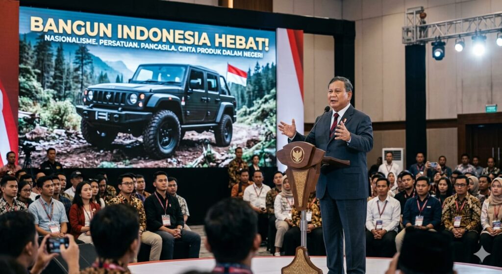 Presiden, saat memberikan sambutan di depan para pengusaha muda, menekankan tekadnya untuk menggunakan mobil dinas yang diproduksi oleh PT Pindad sebagai lambang patriotisme ekonomi.