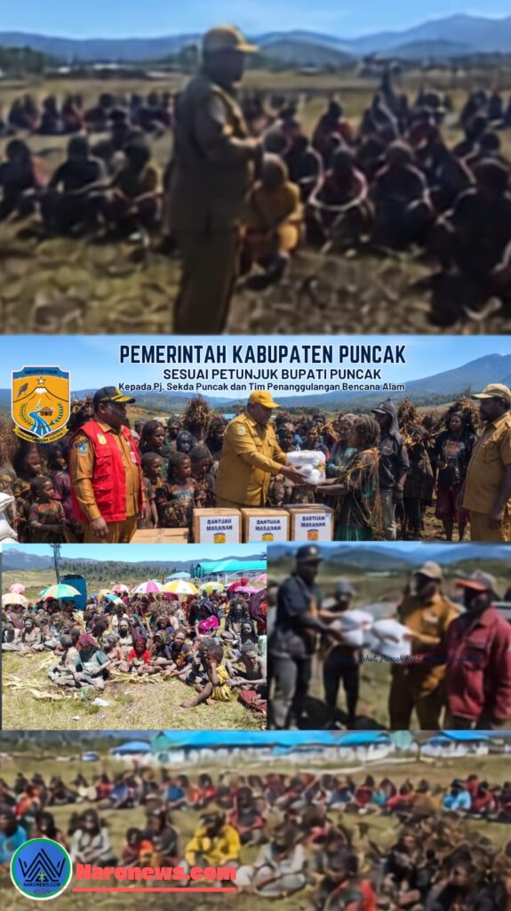 Warga yang terkena dampak kekeringan dan kerusakan tanaman berkumpul di salah satu area yang terkena dampak untuk menerima bantuan pangan dari Pemerintah Kabupaten Puncak, Selasa (4/8/2026).